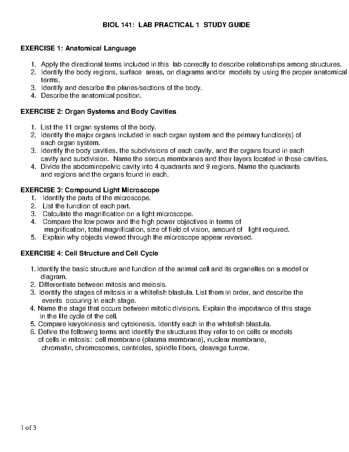 BIOL 141: Lab Practical 1 Study Guide - Anatomy & Cell Biology - Studocu