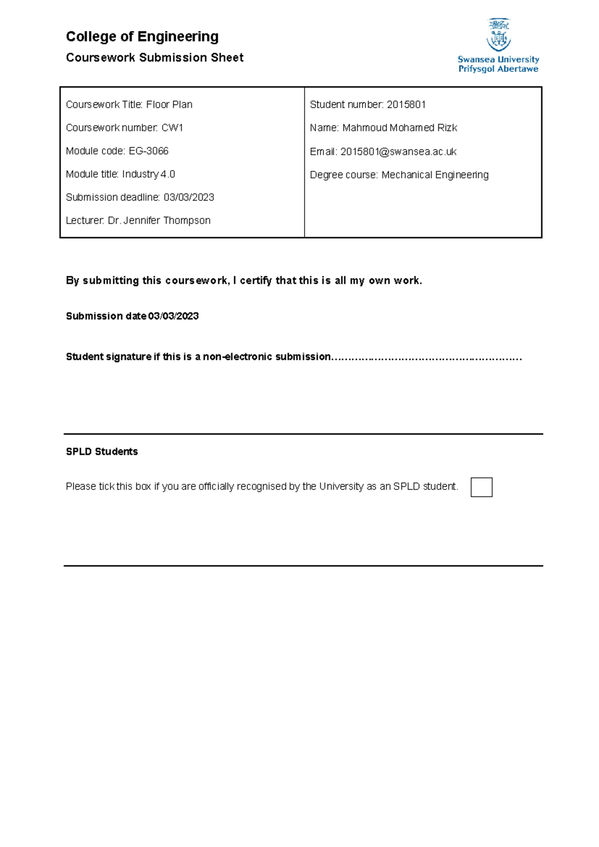 CW1 Industry 4.0 - College of Engineering Coursework Submission Sheet ...