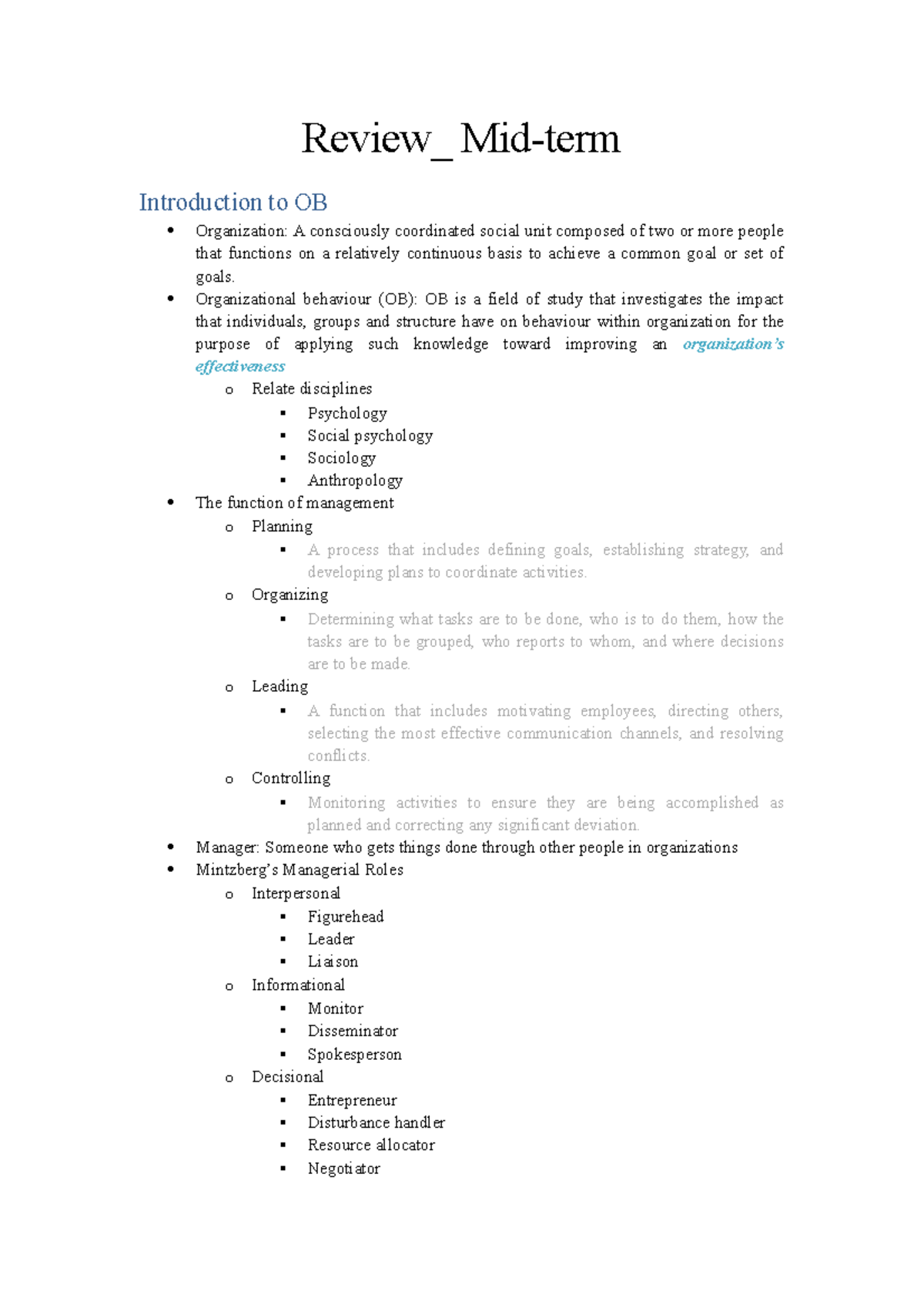 Midterm Review: Insights into Organizational Behavior and Management ...