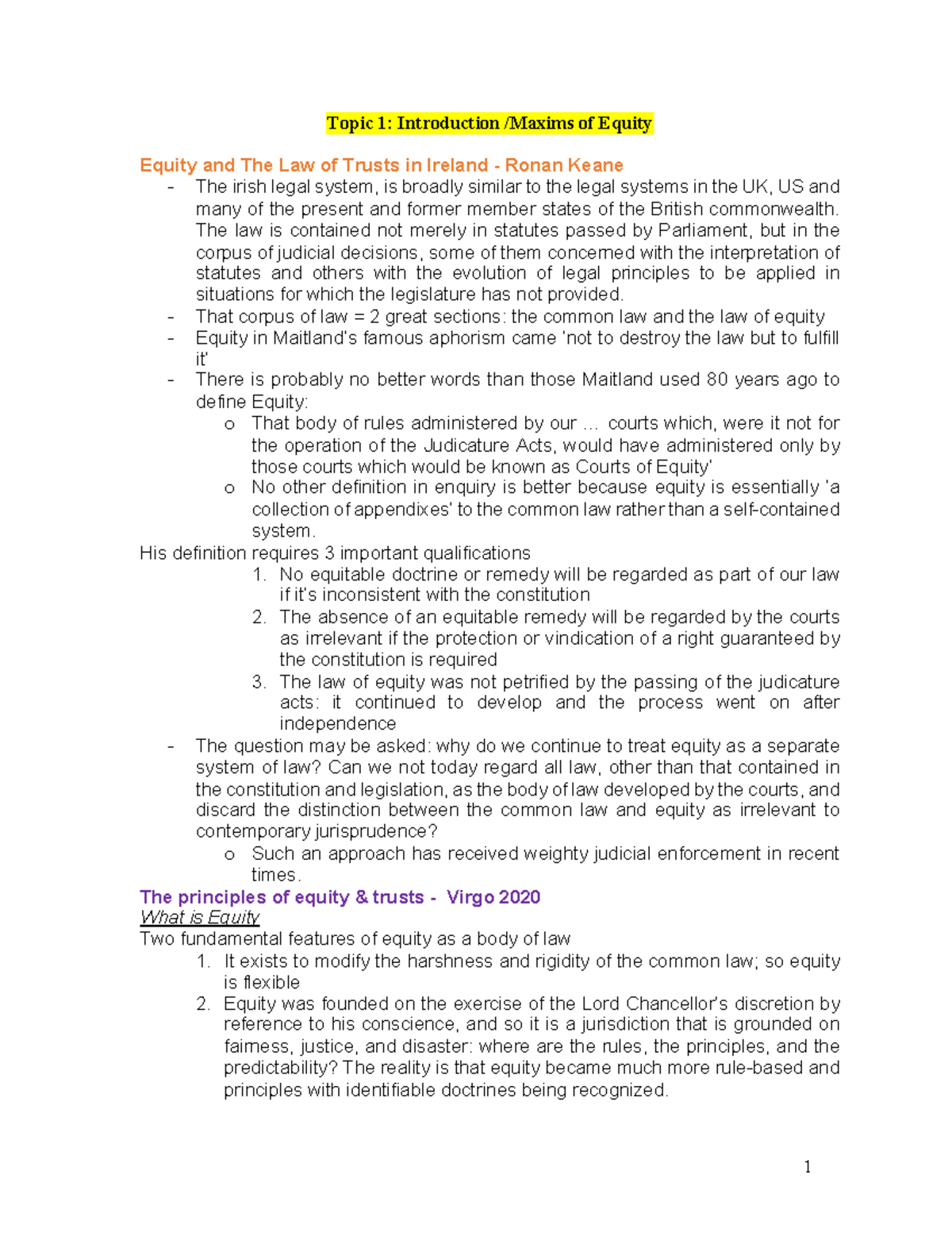 Lecture Notes: Introduction to Equity and the Law of Trusts (TLH-303 ...