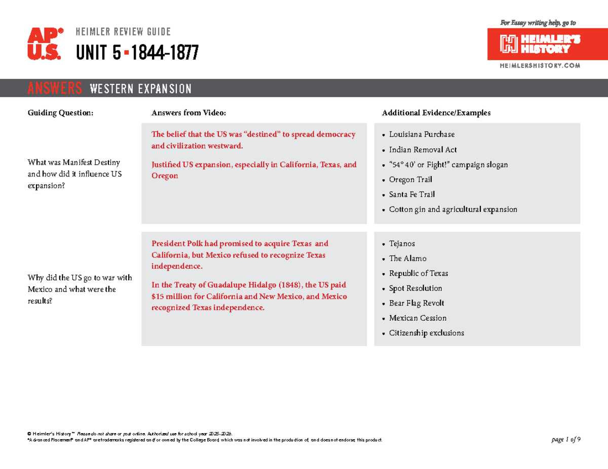 APUSH HRG UNIT 5 NOTEGUIDE: WESTERN EXPANSION & RECONSTRUCTION ANSWERS ...