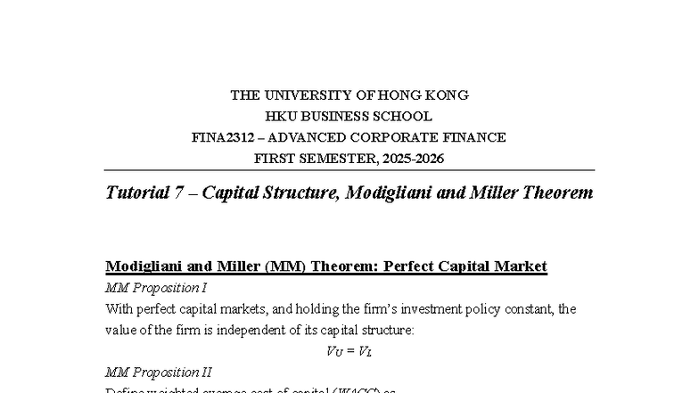 FINA2312 Advanced Corporate Finance Tutorial 7: Capital Structure & MM ...