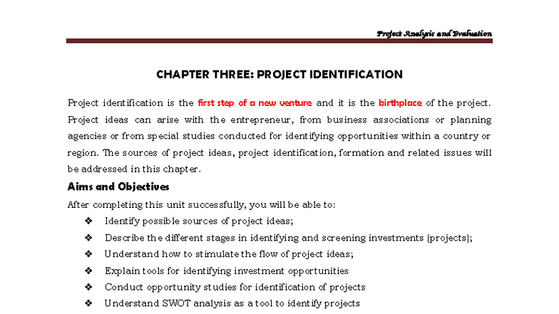 Project Analysis and Evaluation: CHAPTER 3 - Project Identification ...