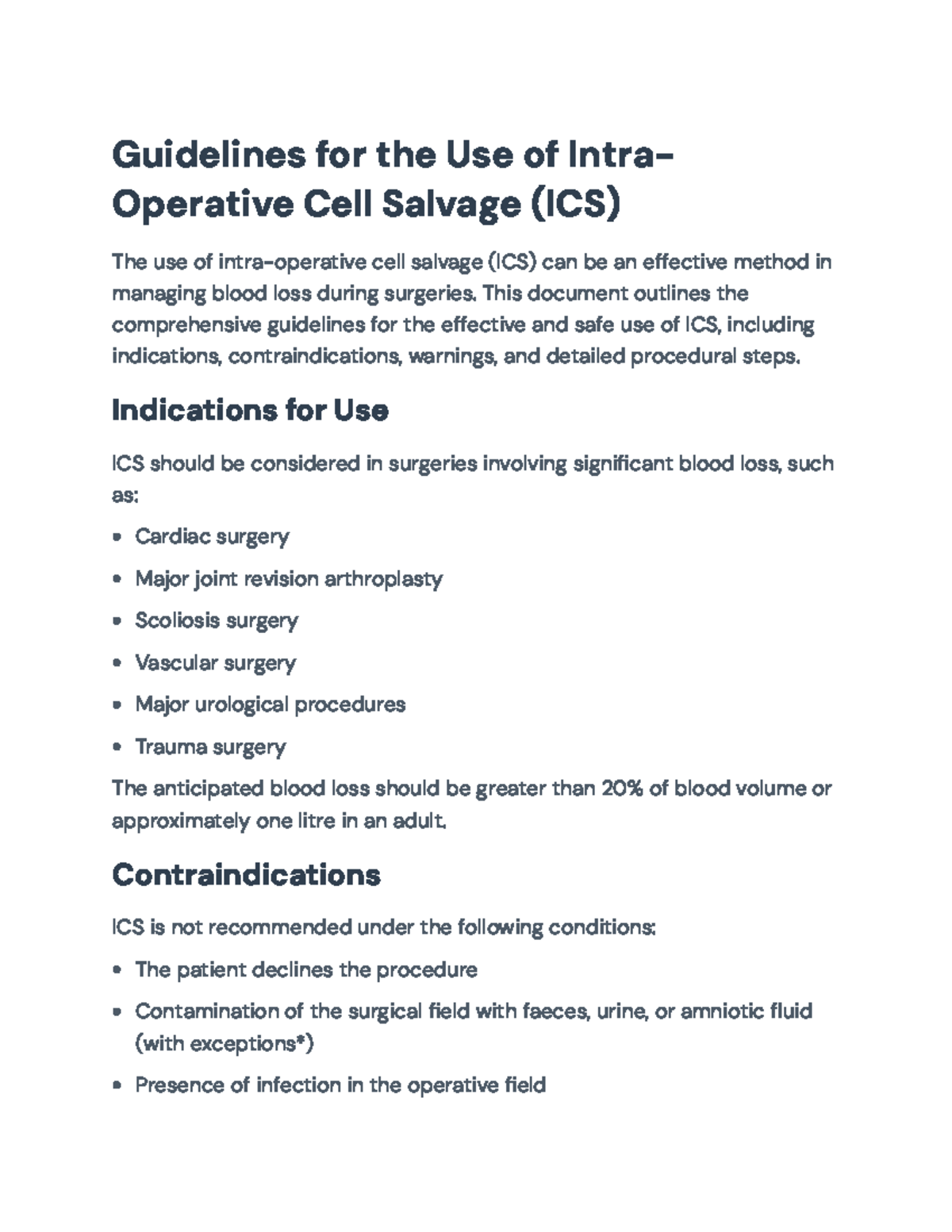 Guidelines for Intra-operative Cell Salvage (ICS) Procedures ...