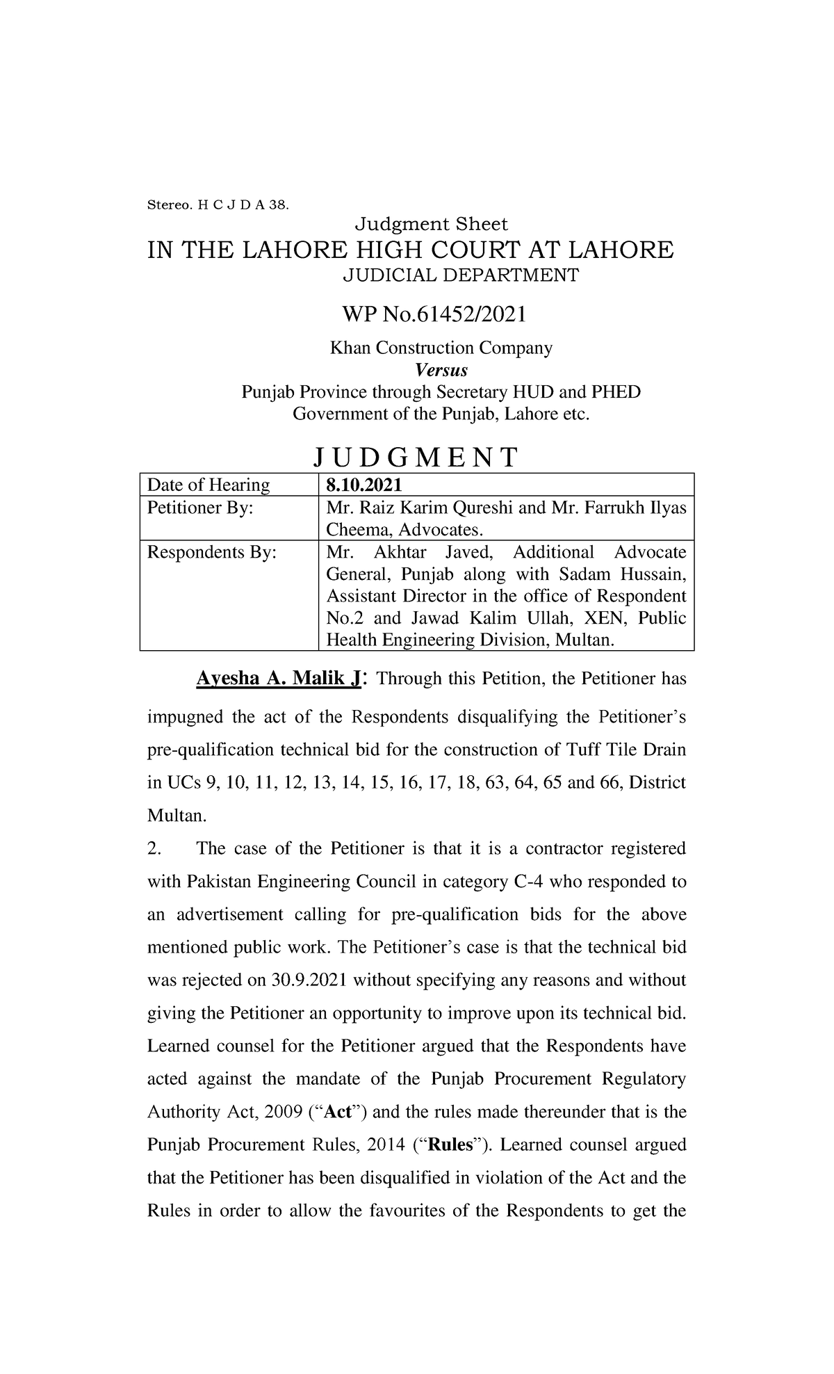 2021LHC5320 - Judgment 1 - Stereo. H C J D A 38. Judgment Sheet IN THE ...