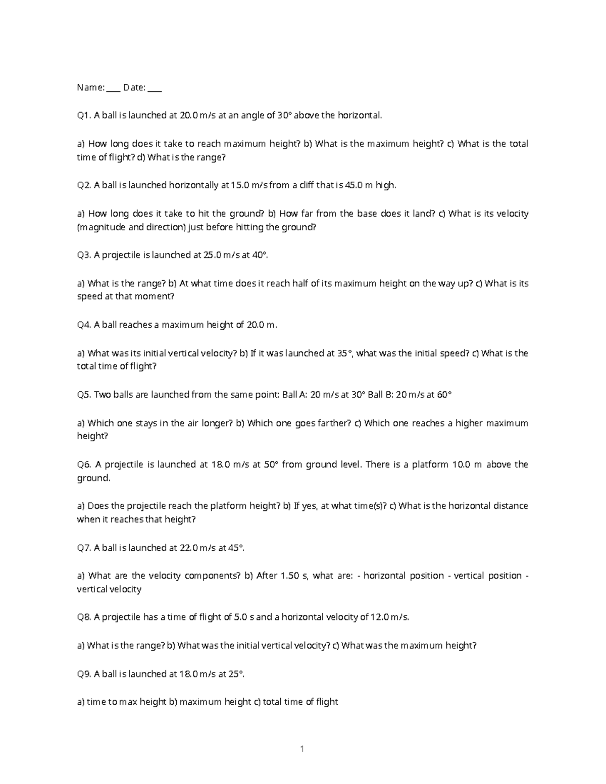 Projectile Motion Practice Sheet (Physics 101) - Studocu