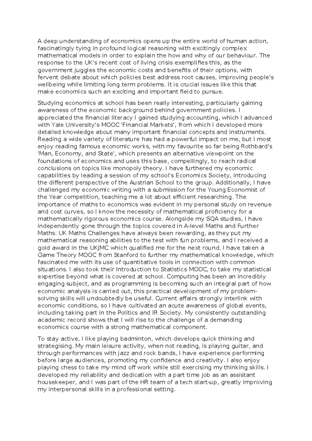 Economics Personal Statement for Yuli Klinov - Cambridge Application - Studocu