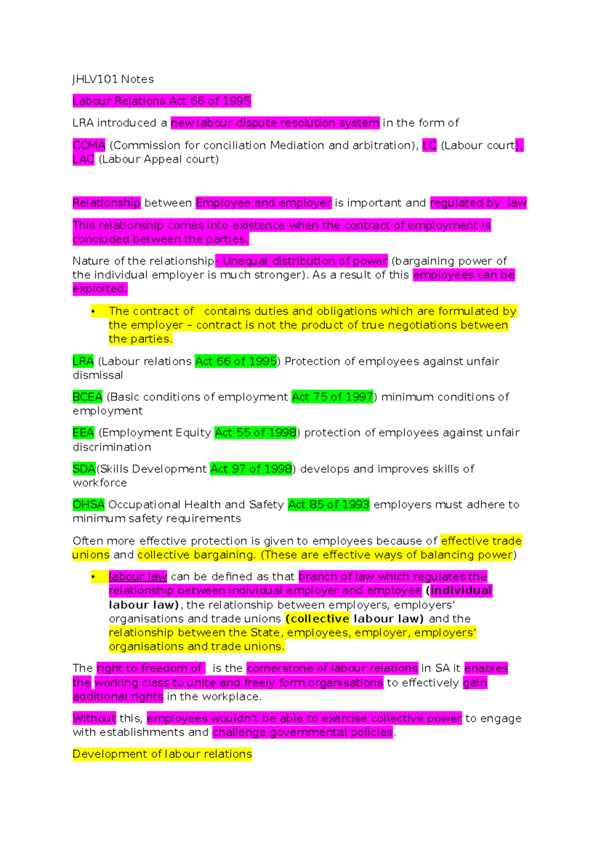 JHLV101 Notes - Overview of Labour Relations Act 66 of 1995 - Studocu