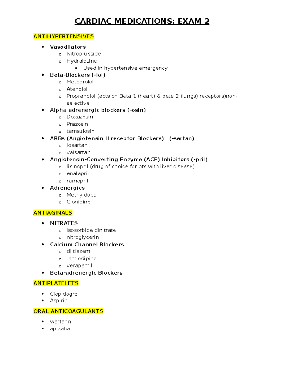 Cardiac meds for EXAM 2 - exam review - CARDIAC MEDICATIONS: EXAM 2 ...