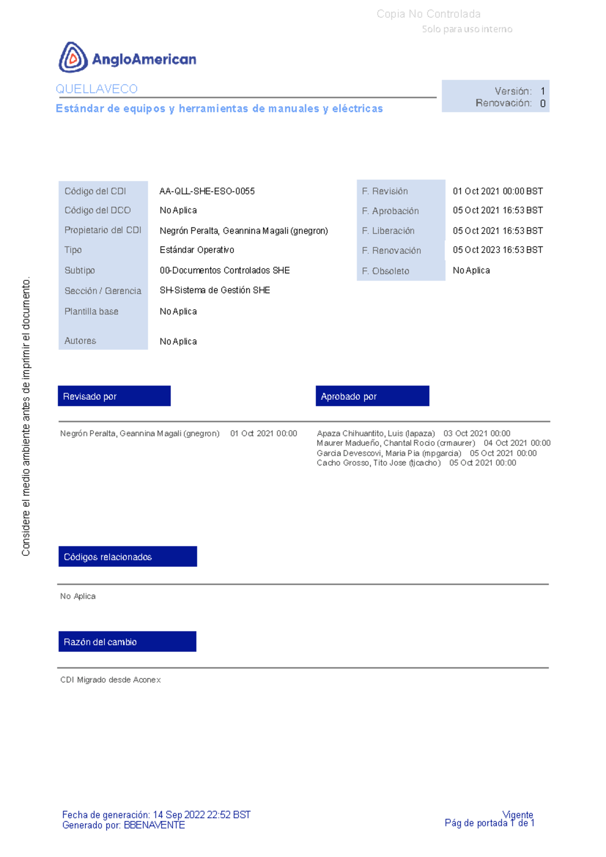 AA-QLL-SHE-ESO-0055 Estándar de Equipos y Herramientas Eléctricas - Document Preview