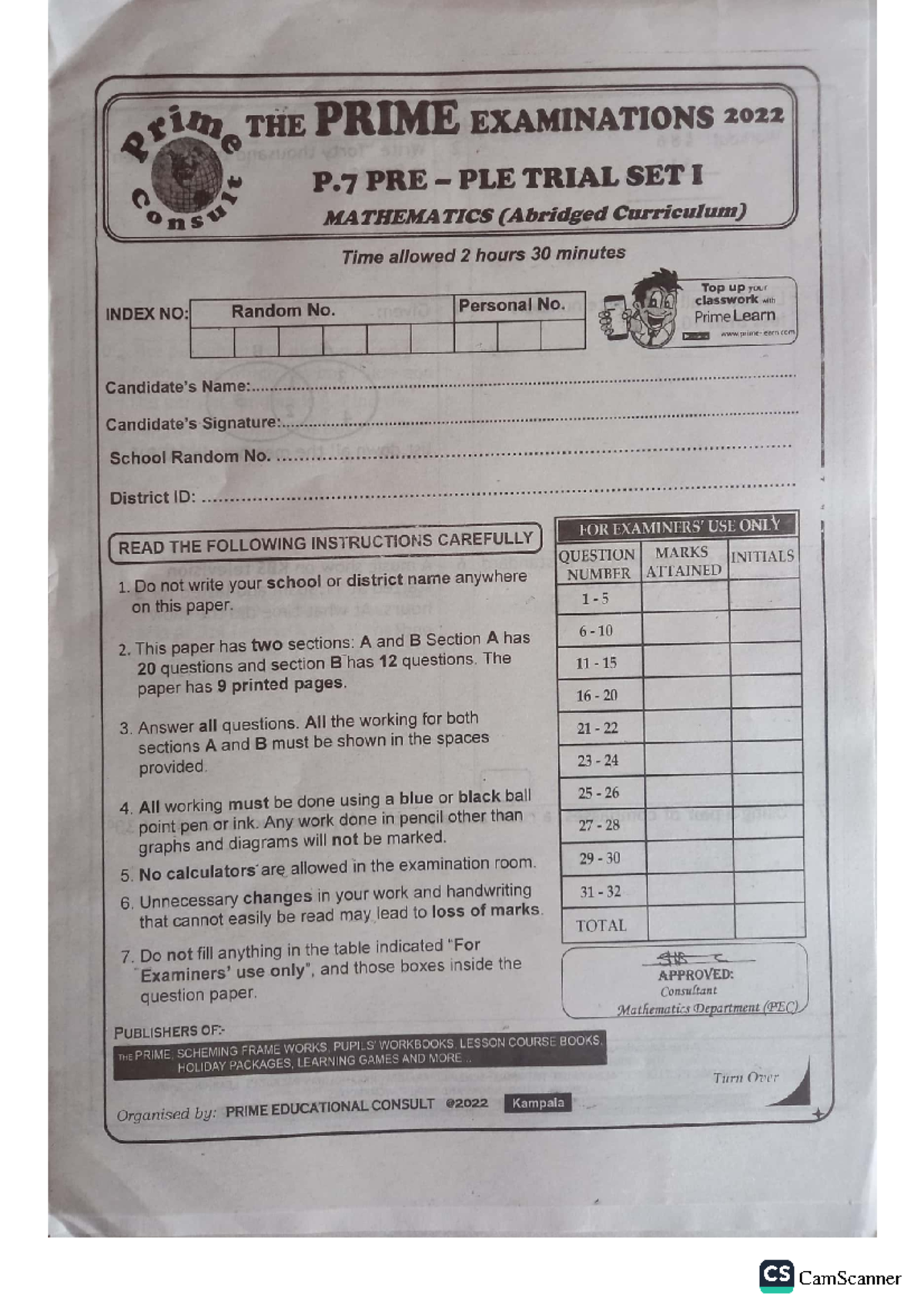 Prime P.7 Mathematics PLE Trial Exam - 2022 Overview and Guidelines ...