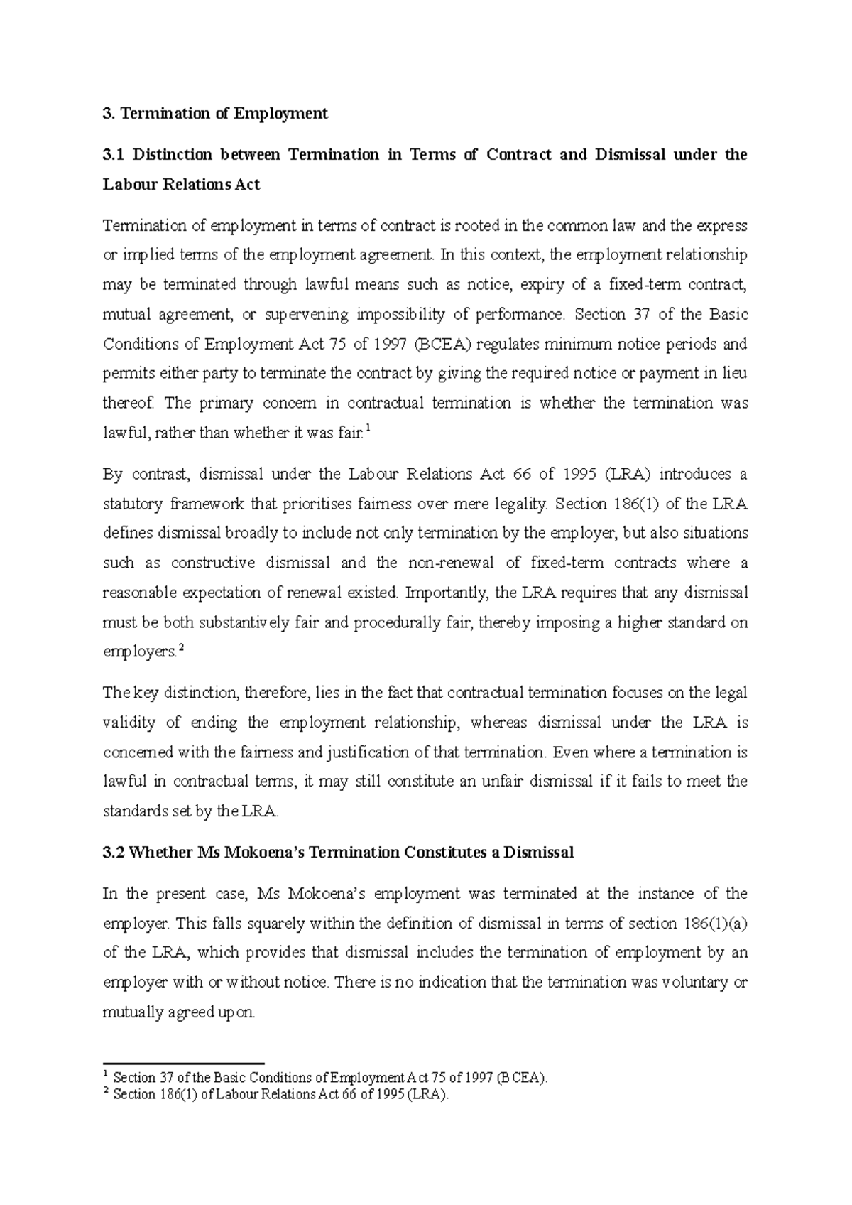 Labour Law Assignment: Termination of Employment Analysis - Studocu