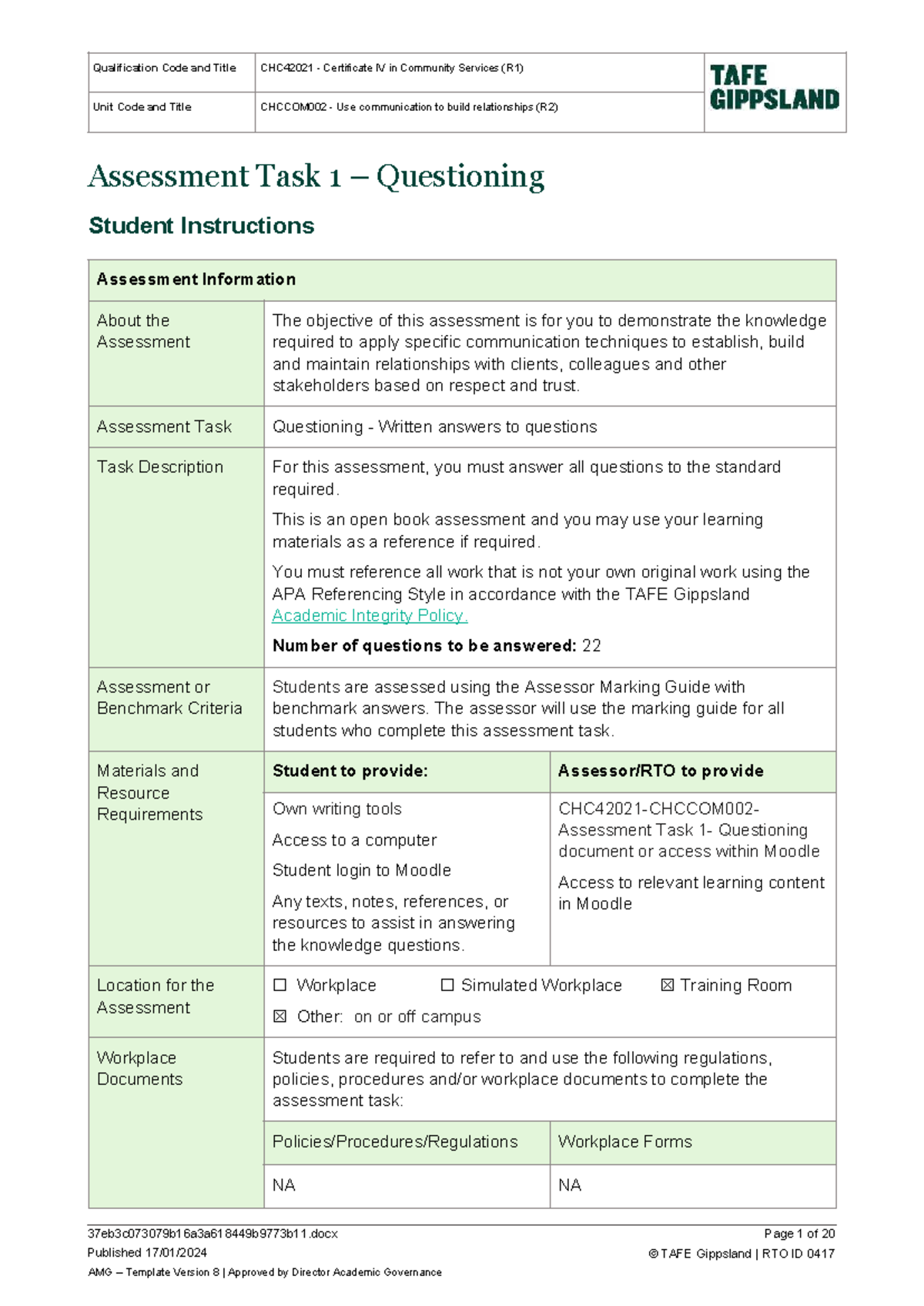 CHC42021 Certificate IV in Community Services: AT1 Questioning Guide ...