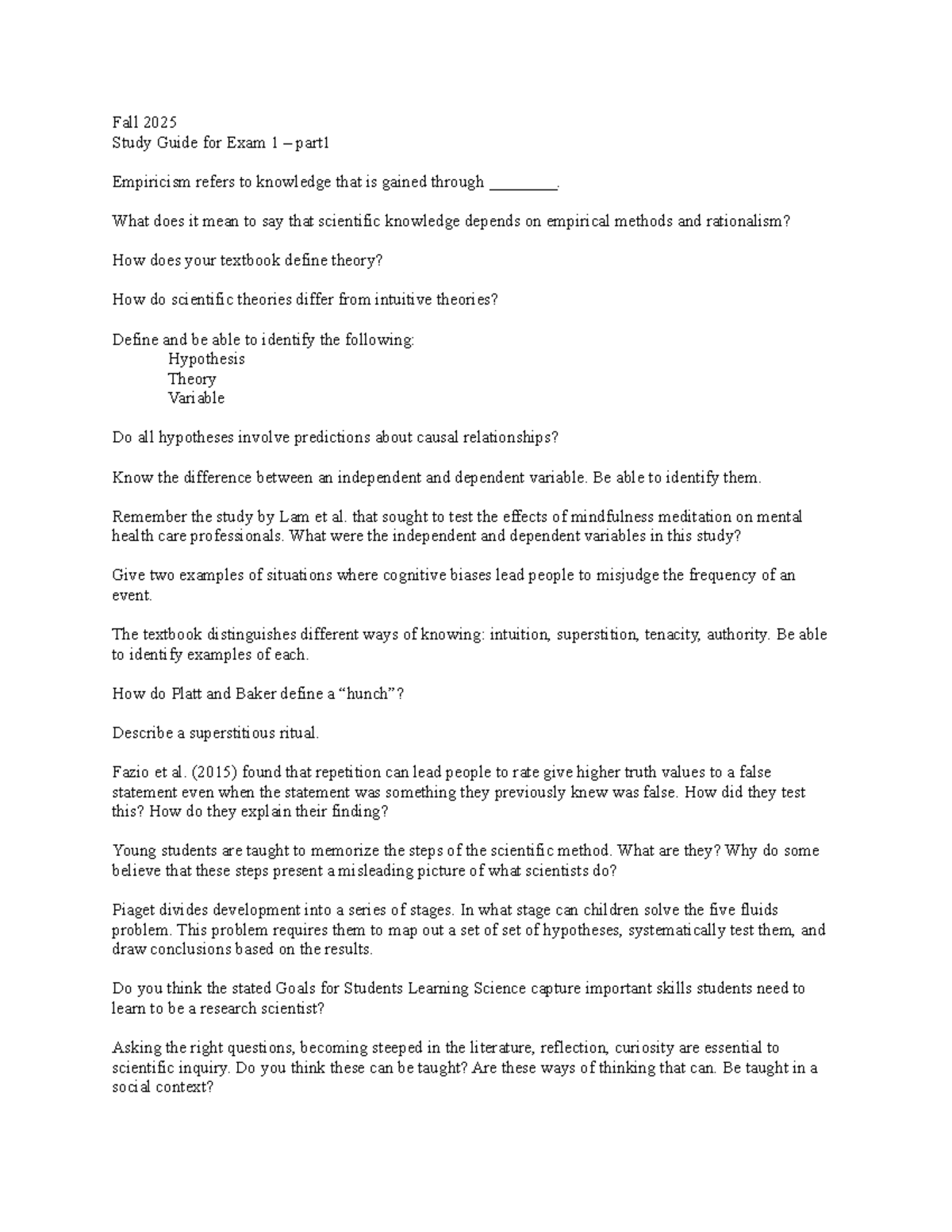 Fall 2025 PSY 201 Exam 1 Study Guide: Empiricism & Scientific Methods ...