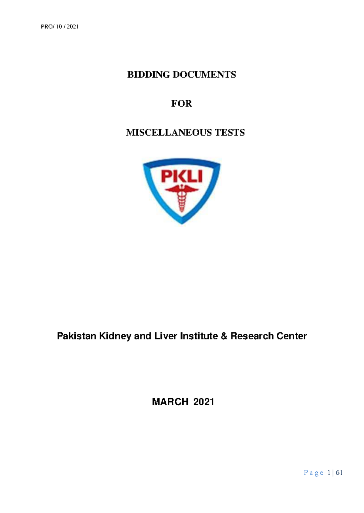 Bidding Document PRO 010 2021 for Miscellaneous Tests at PKLI - Studocu