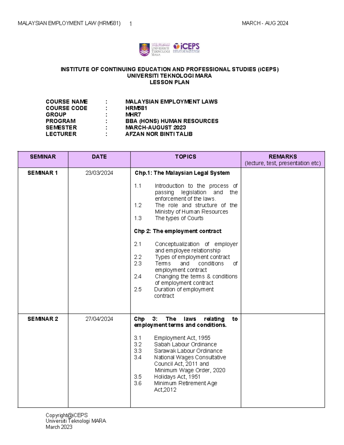 Lesson PLAN Iceps HRM581 - MALAYSIAN EMPLOYMENT LAW (HRM581) 1 MARCH ...