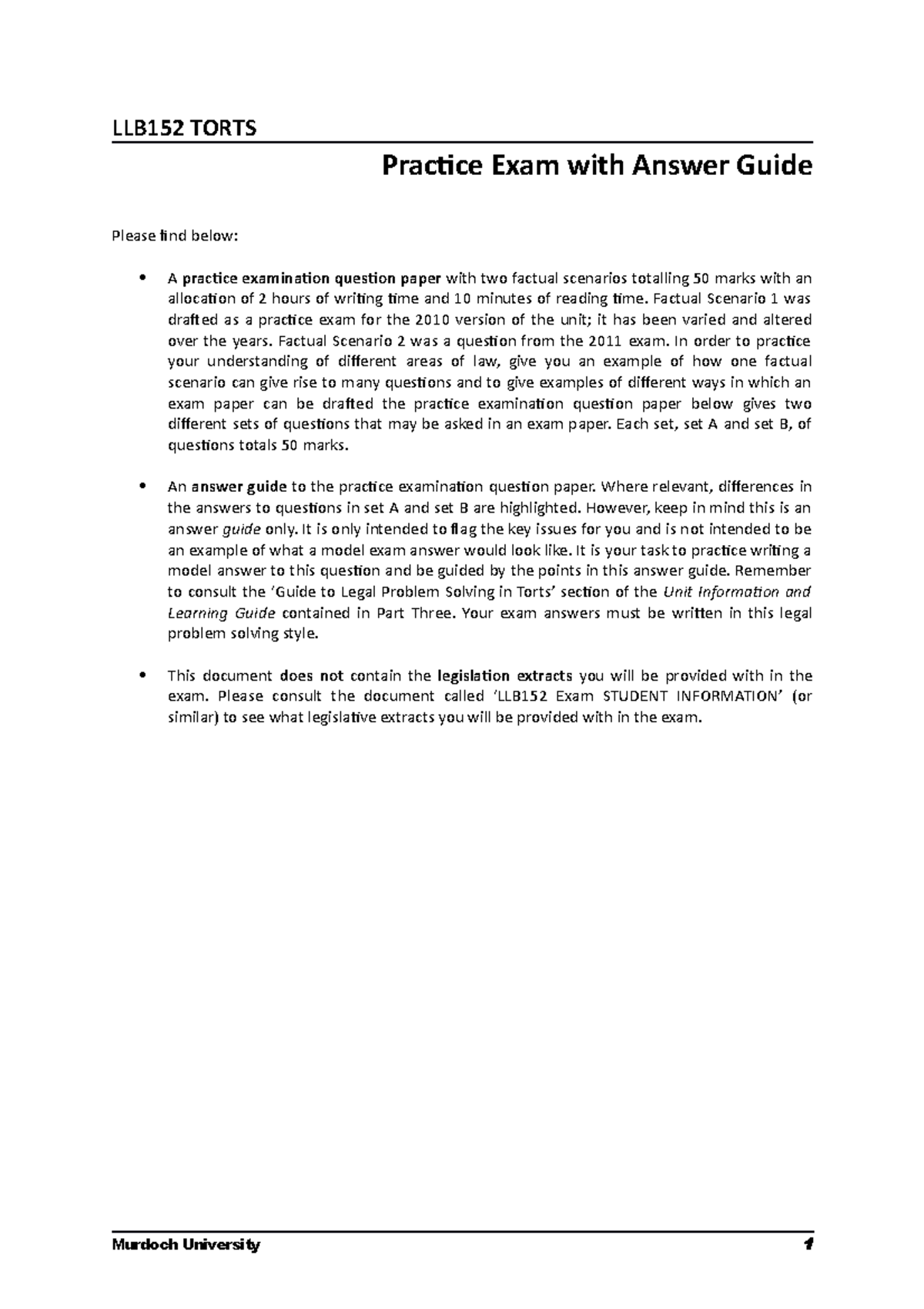 Llb152 Torts Practice Exam Factual Scenarios Answer Guide Studocu
