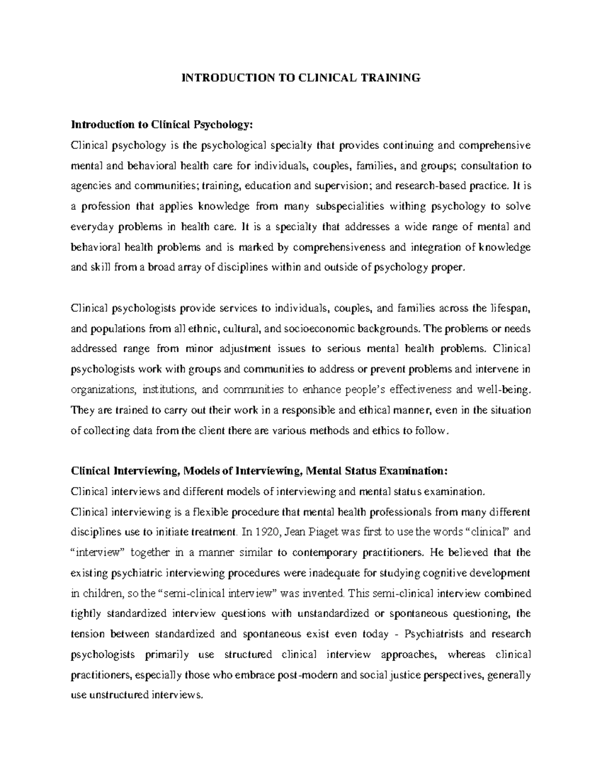 Clinical Training Introduction: Overview of Clinical Psychology ...