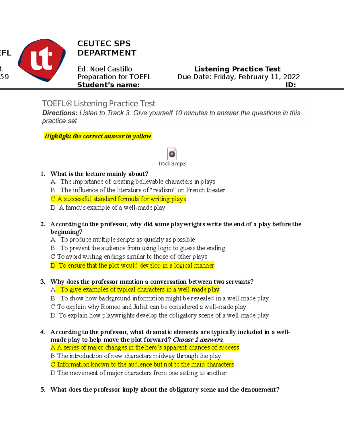 Listening Practice Test - Week 4 (EFL 359) for TOEFL Preparation - Studocu