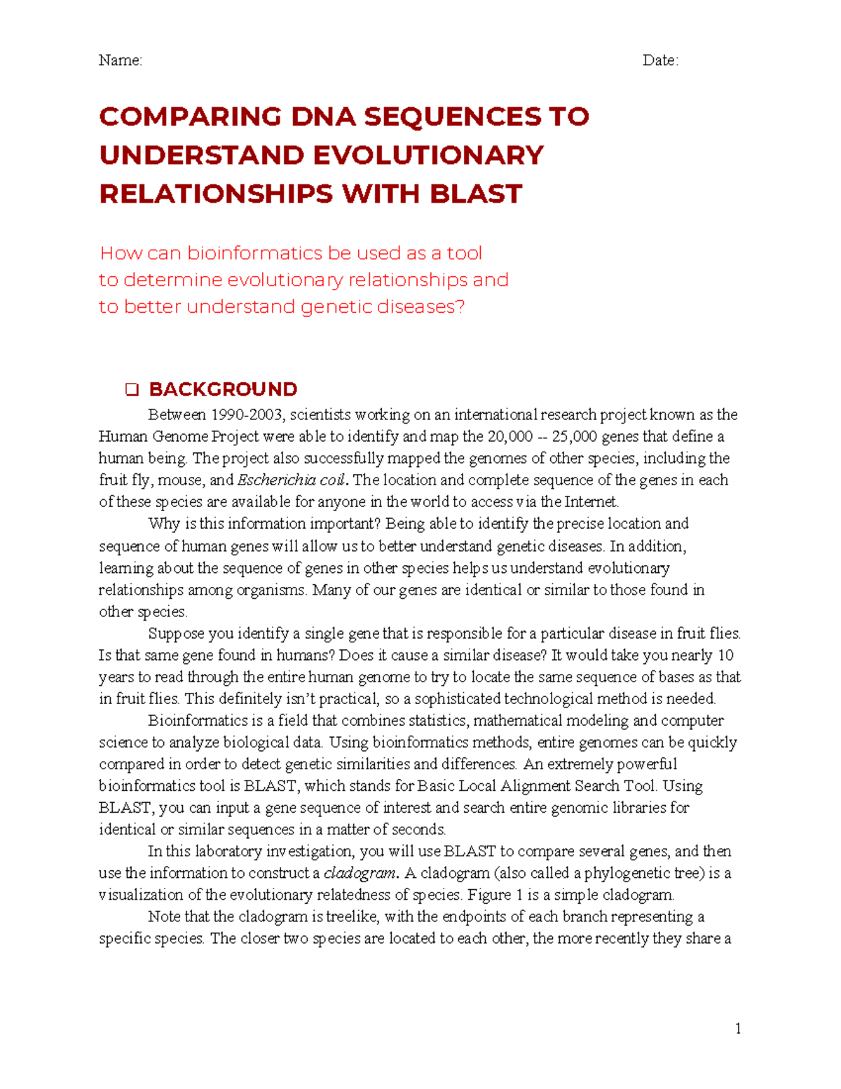 BLAST-AP Bio Lab: Understanding Evolutionary Relationships through DNA ...