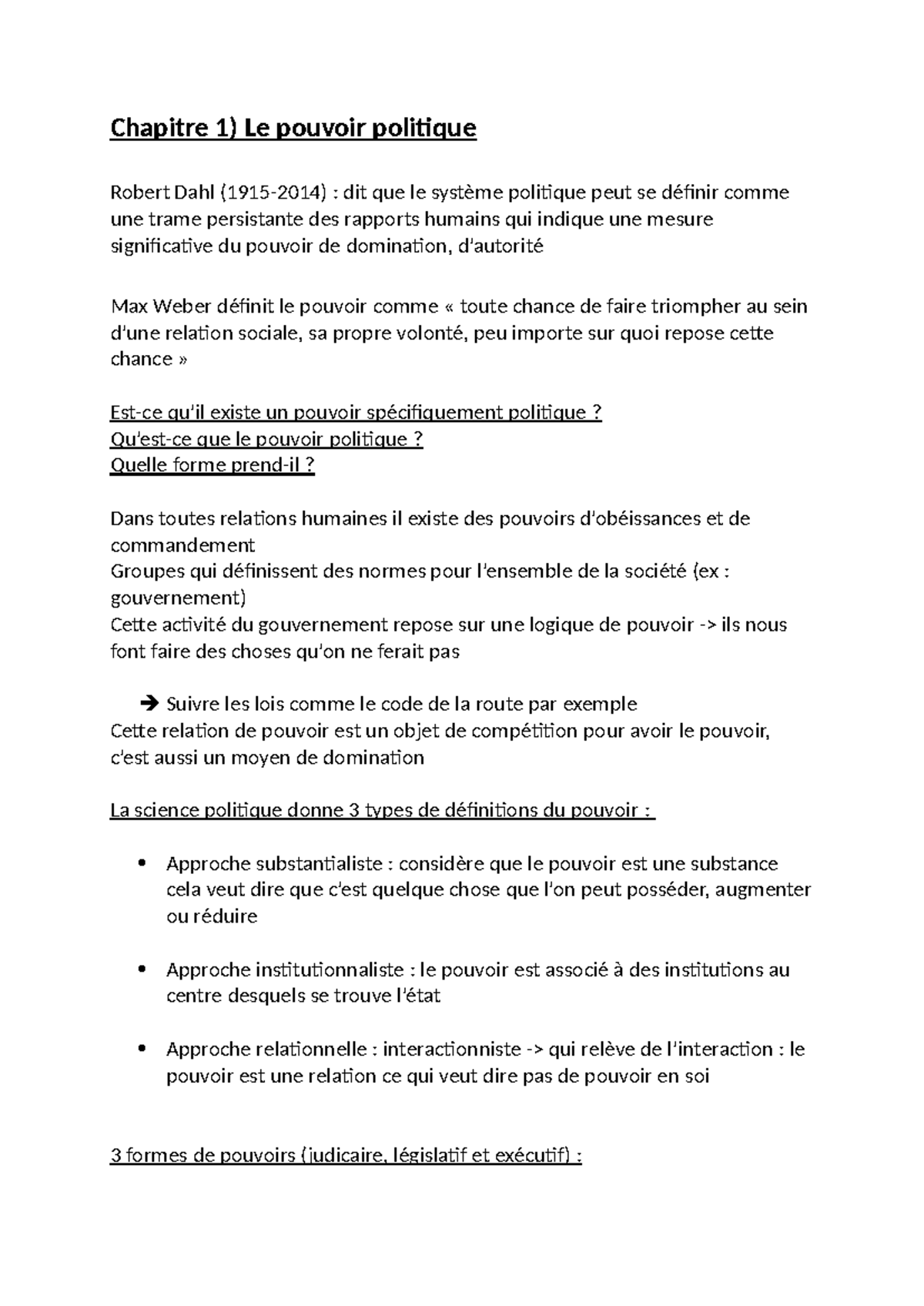 Chapitre 1 - Le Pouvoir Politique selon Robert Dahl et Max Weber - Studocu