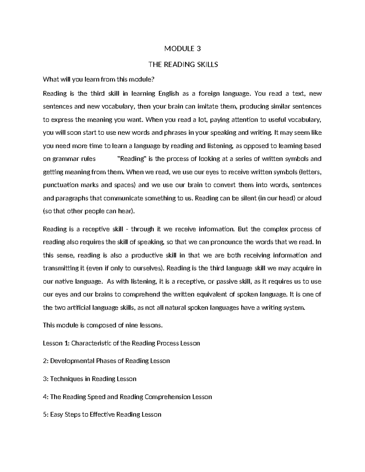 Module-3-Reading - use this at risk - MODULE 3 THE READING SKILLS What ...