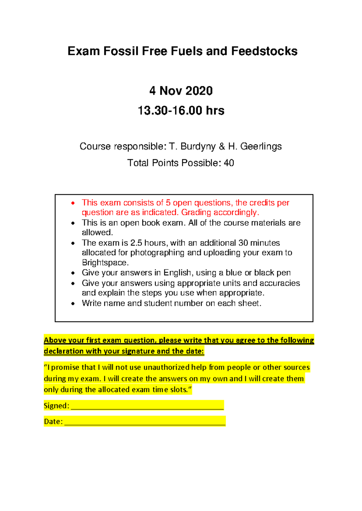 SET3090 - Exam A 2020: Fossil Free Fuels and Feedstocks Notes - Studeersnel