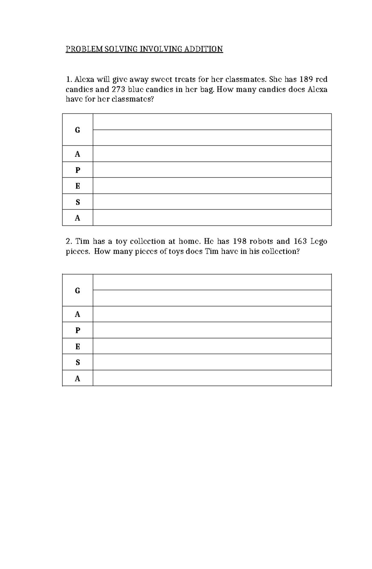 Math sample test - mathematics - PROBLEM SOLVING INVOLVING ADDITION ...