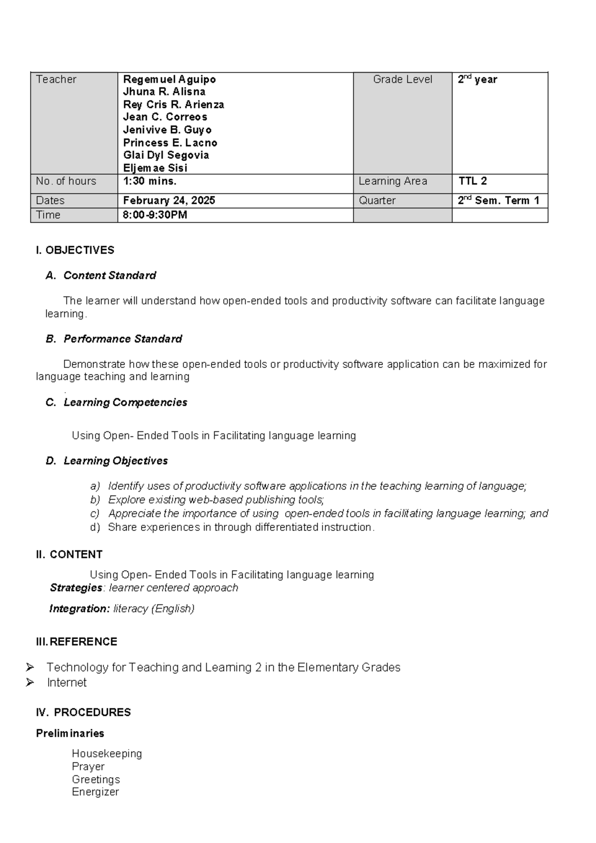 Group 3 BEED 2 - an lesson plan about TTL2 - Teacher Regemuel Aguipo ...