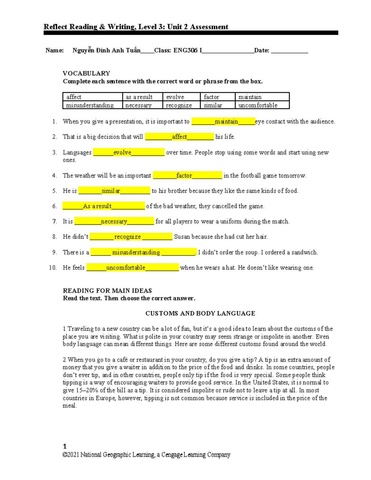 ENG306: Unit 2 Vocabulary & Reading Assessment Notes - Studocu