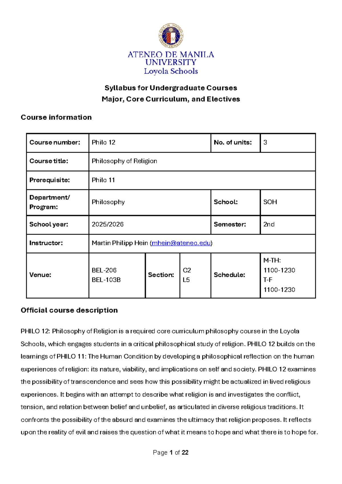 PHILO 12: Syllabus for Philosophy of Religion Course - Studocu