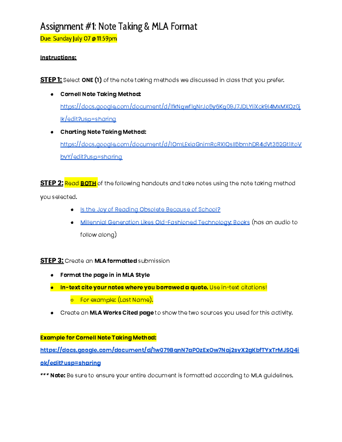 Assignment #1: Note Taking & MLA Format - Assignment #1: Note Taking ...