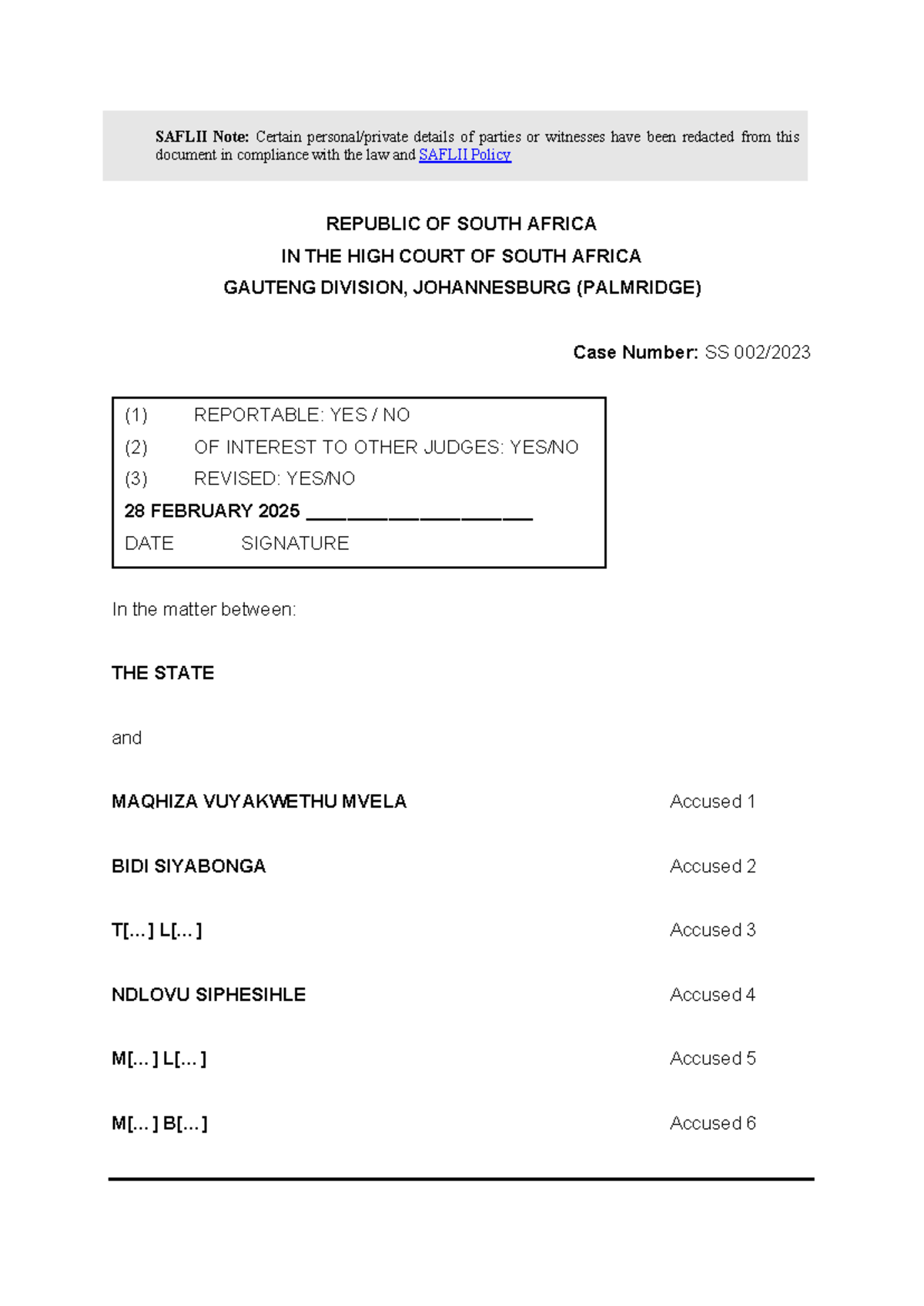 S v Mvelo: Sentencing Judgment in High Court Case SS (1) - Studocu
