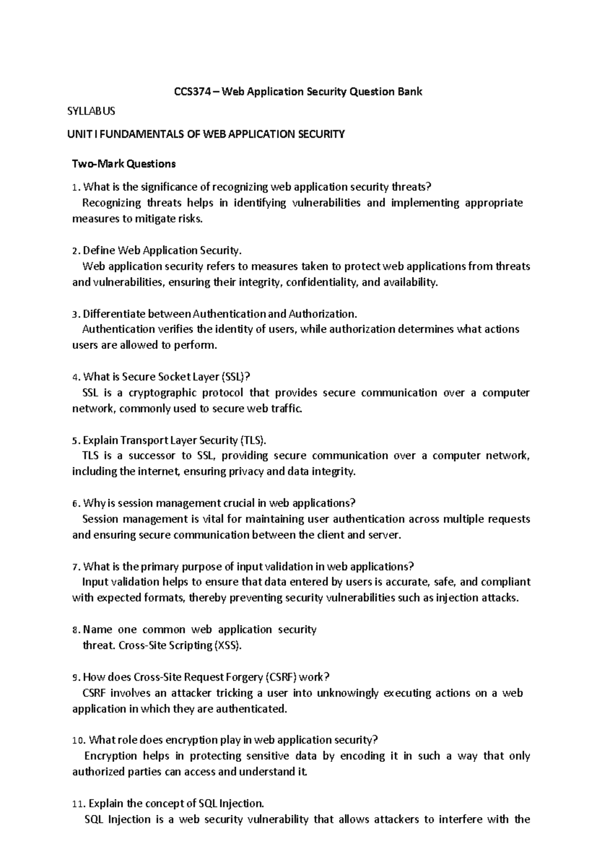 CCS374 Web Application Security Question Bank: Key Concepts & Threats ...