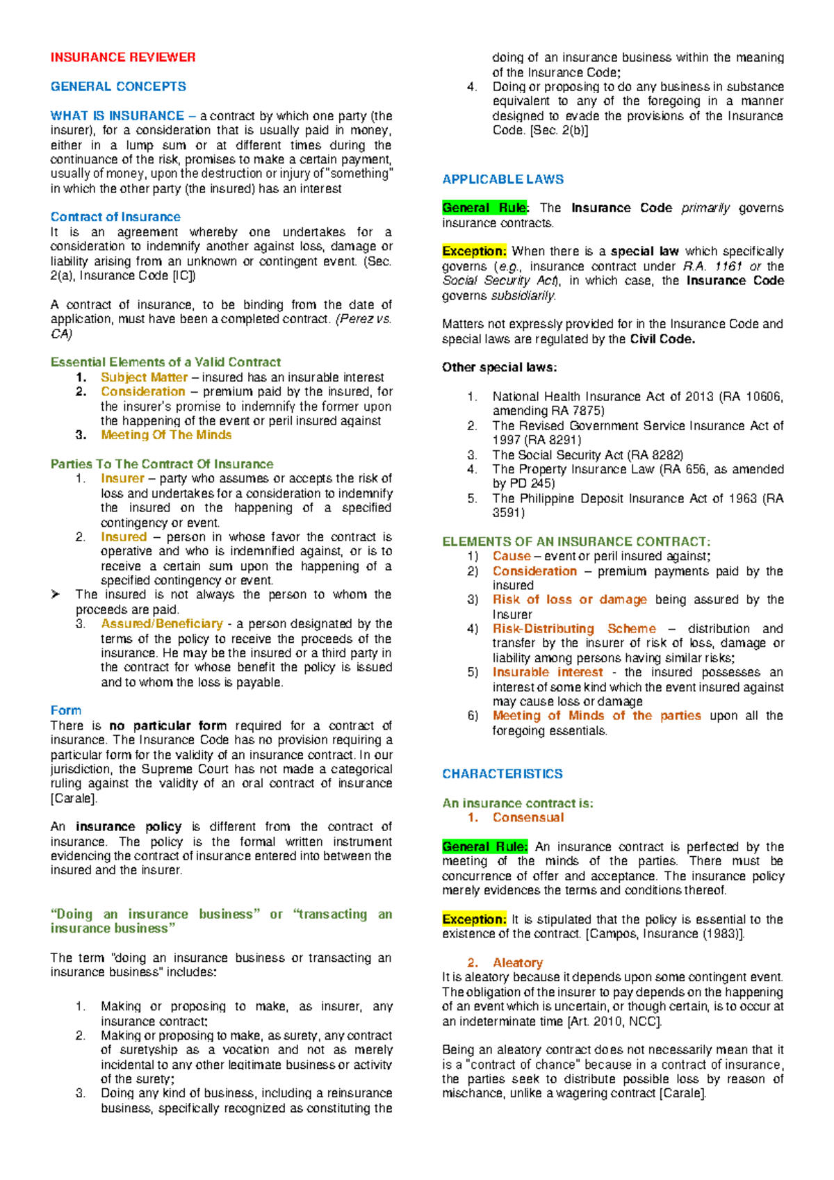 Insurance Reviewer: General Concepts & Key Principles (Midterms) - Studocu