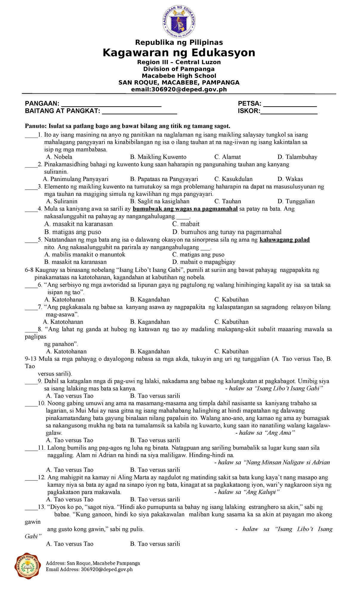 Filipino 9 1st Periodical Test: Pagsusuri ng Maikling Kuwento - Studocu