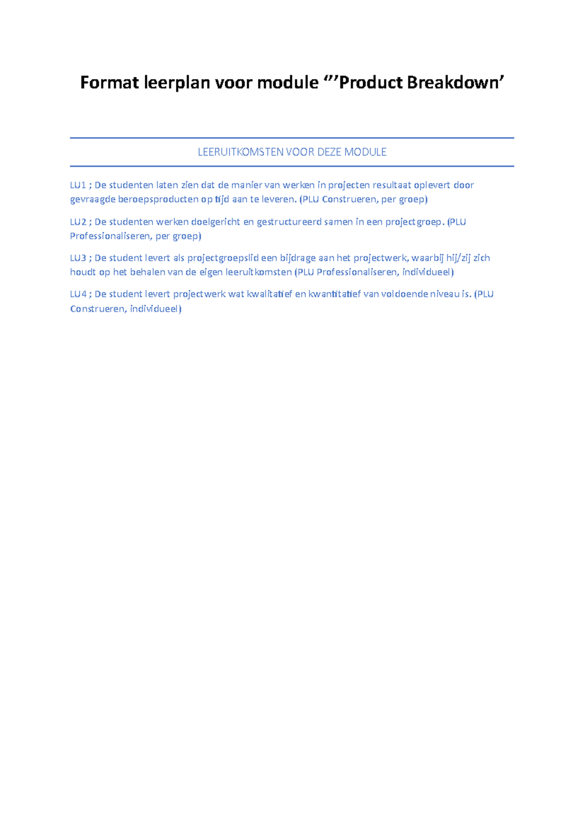 Module PLU Product Breakdown: Curriculum and Learning Outcomes ...