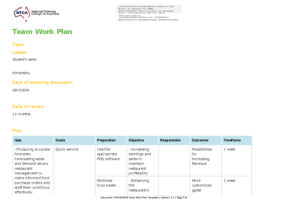 SITXHRM009 Team Work Plan Template - Group 8 Collaboration Guide - Studocu