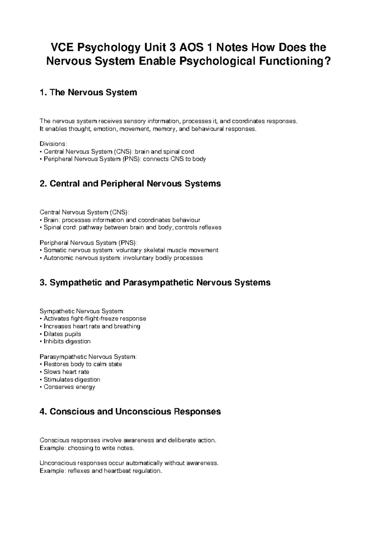 VCE Psychology Unit 3 AOS 1: Nervous System & Psychological Functioning ...