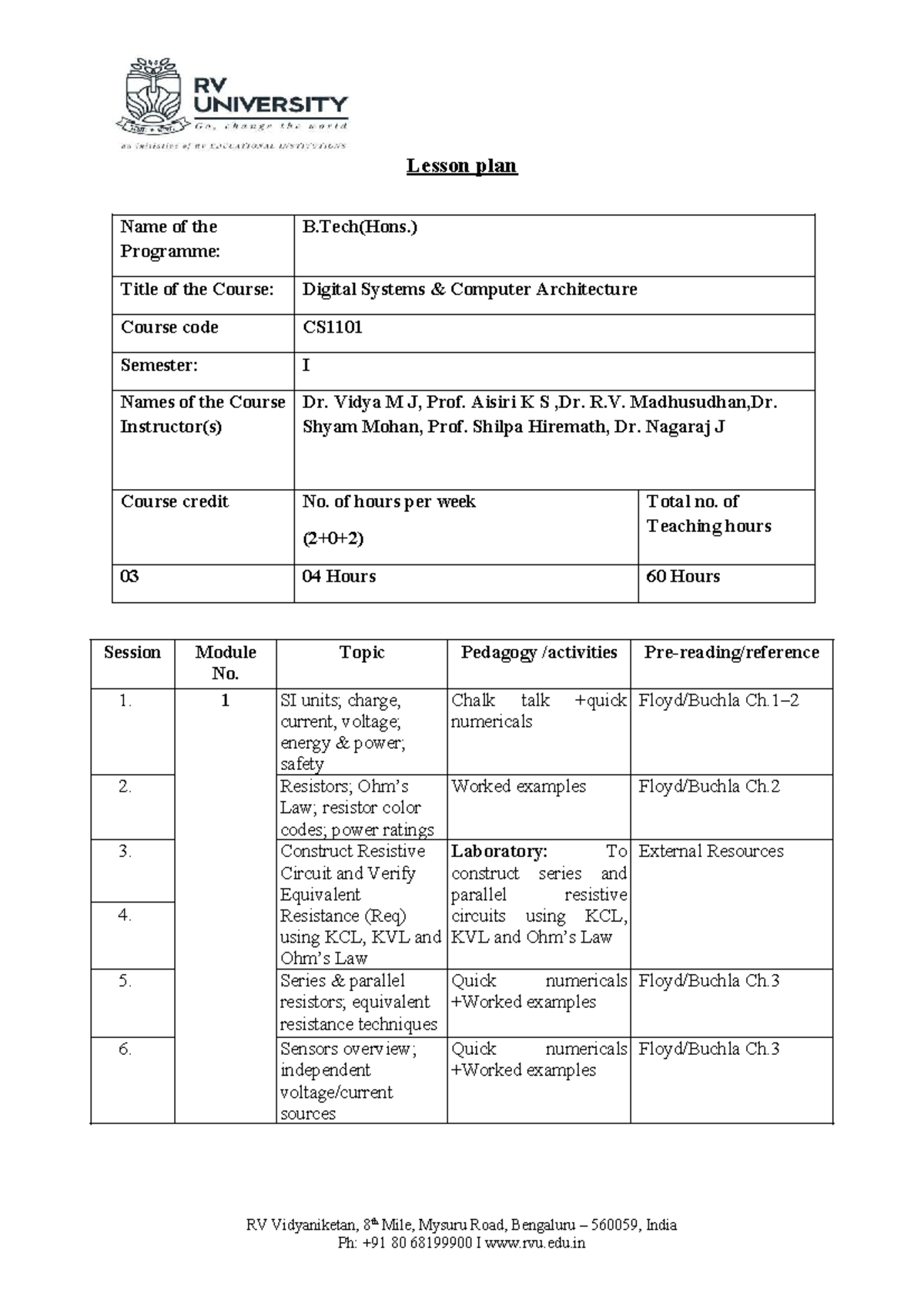 Lesson Plan for Digital Systems & Computer Architecture (CS1101) - Studocu