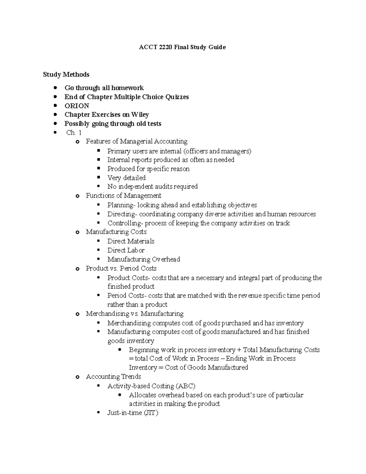 ACCT 2220 Final Study Guide - ACCT Final Study Guide Study Methods Go ...