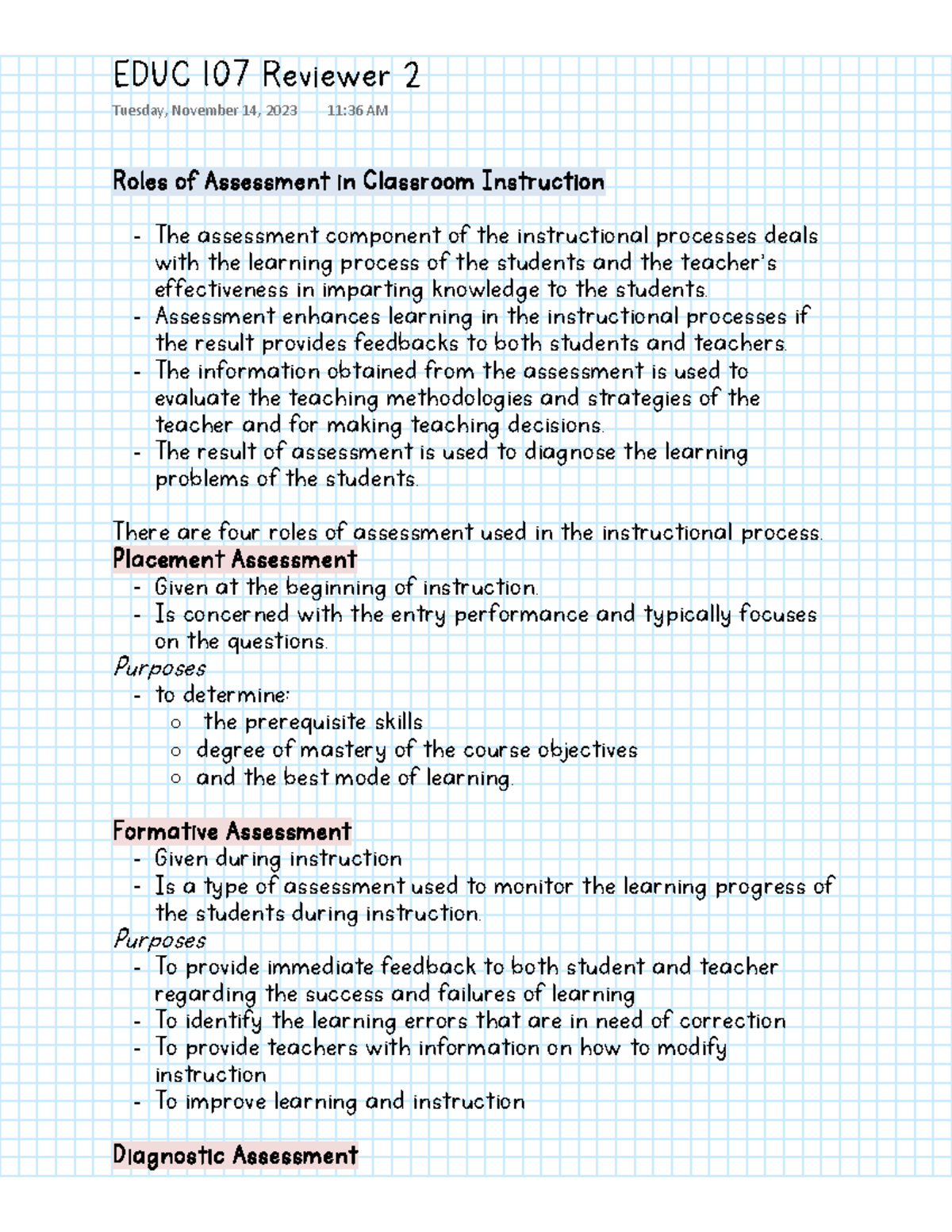 EDUC 107 Reviewer 2 - N/A - Roles of Assessment in Classroom ...