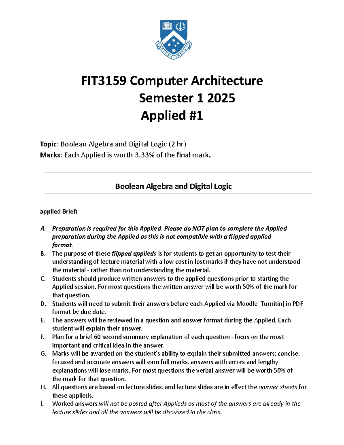 FIT3159 Week 1 Applied 01 - FIT3159 Computer Architecture Semester 1 ...