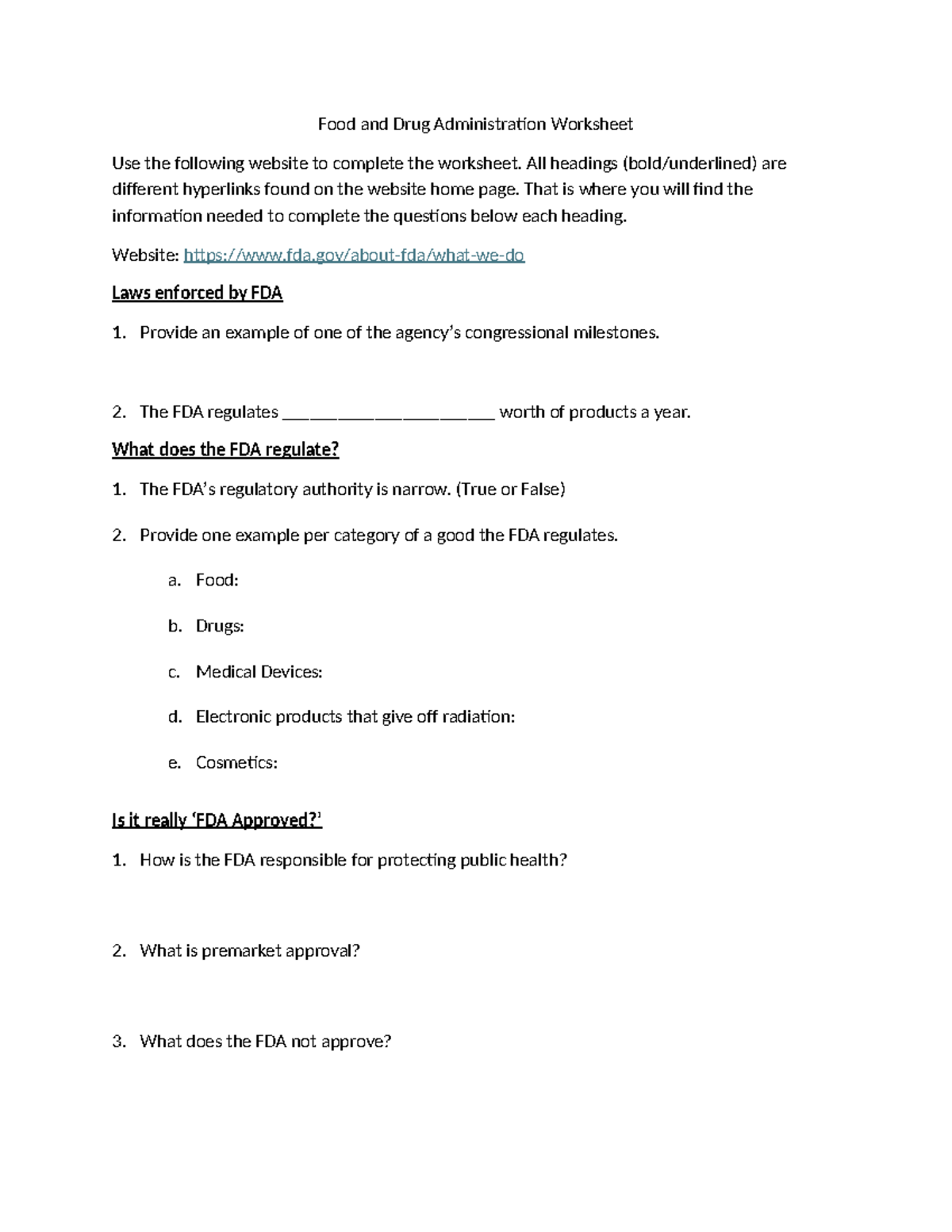 FDA Regulations and Responsibilities Worksheet - Studocu