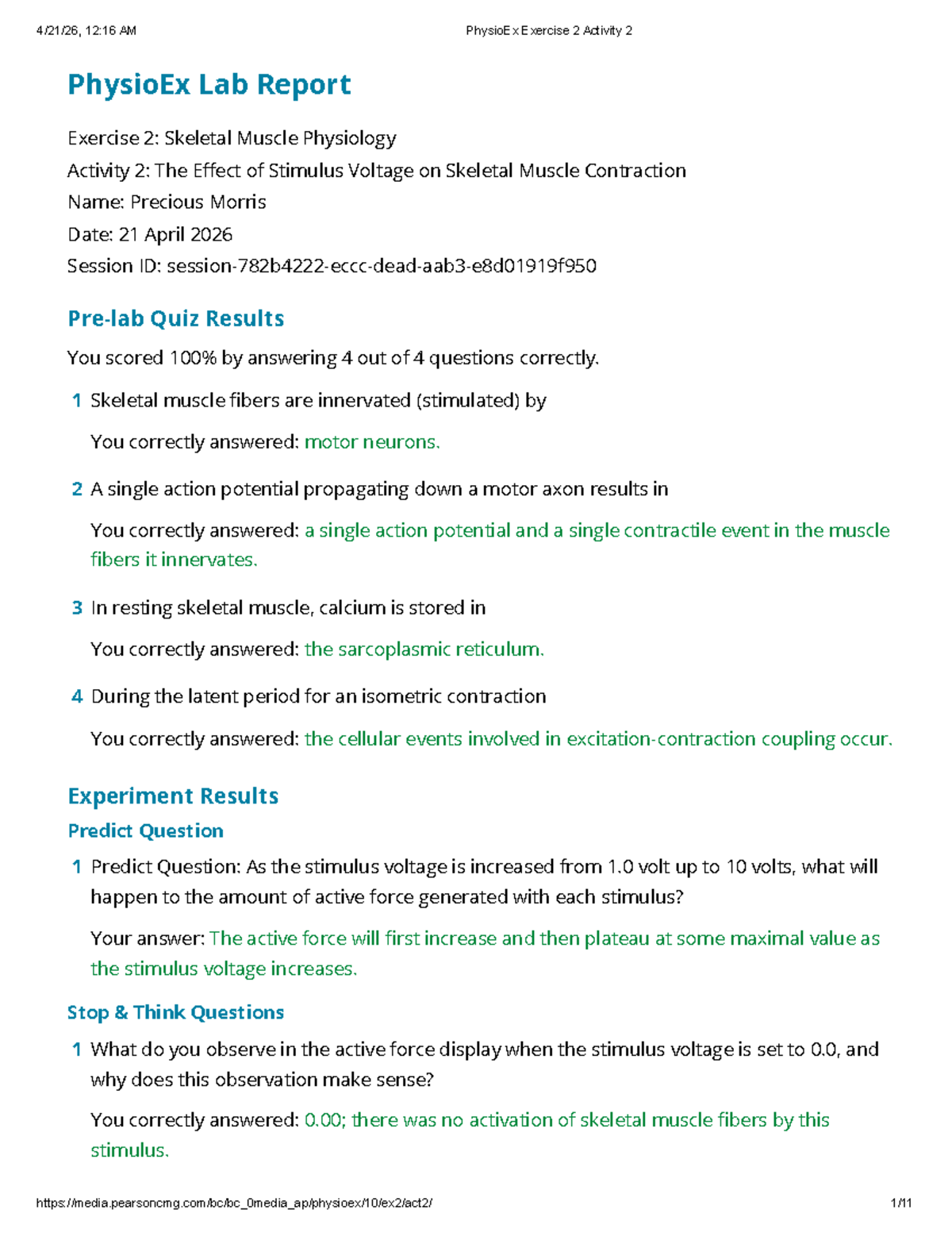PM PhysioEx Exercise 2: Skeletal Muscle Contraction Lab Report - Studocu