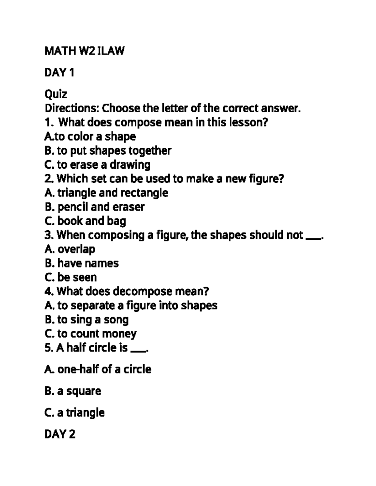 MATH W2 ILAW - Day 1 to Day 3 Quiz Review - Studocu