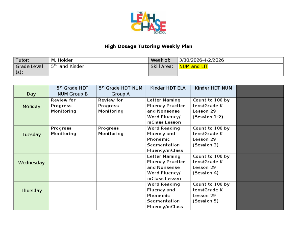 HDT Weekly Lesson Plan for 5th & Kinder - Week of 3/30 - Studocu