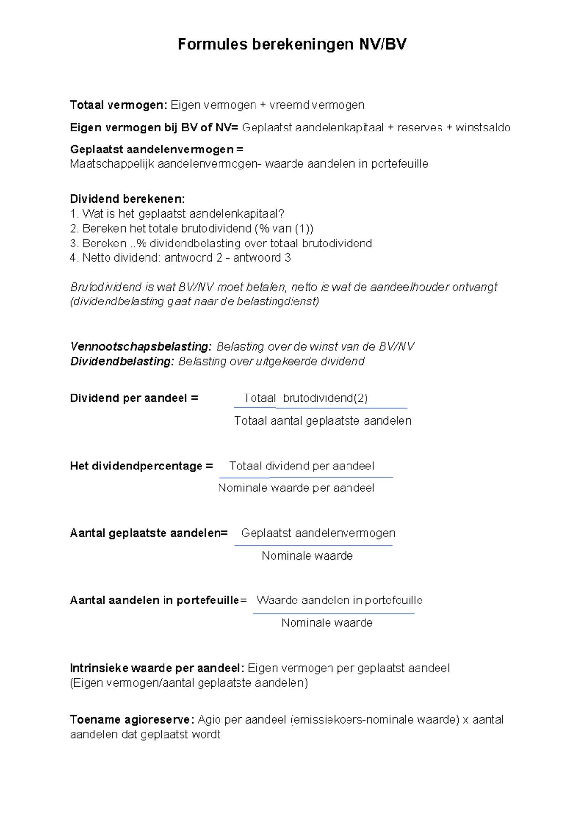 Formules voor Berekeningen van Eigen en Vreemd Vermogen NV&BV - Studeersnel