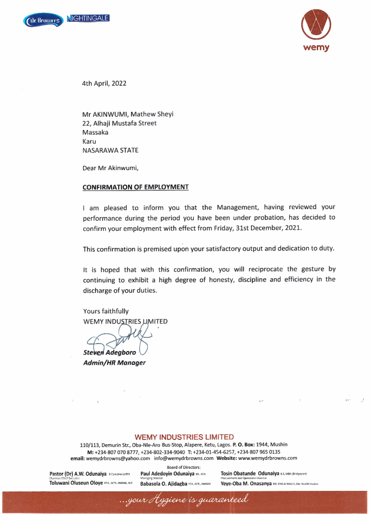 Confirmation of Employment for Akinwumi Mathew Sheyi - Wemy Industries - Document Preview