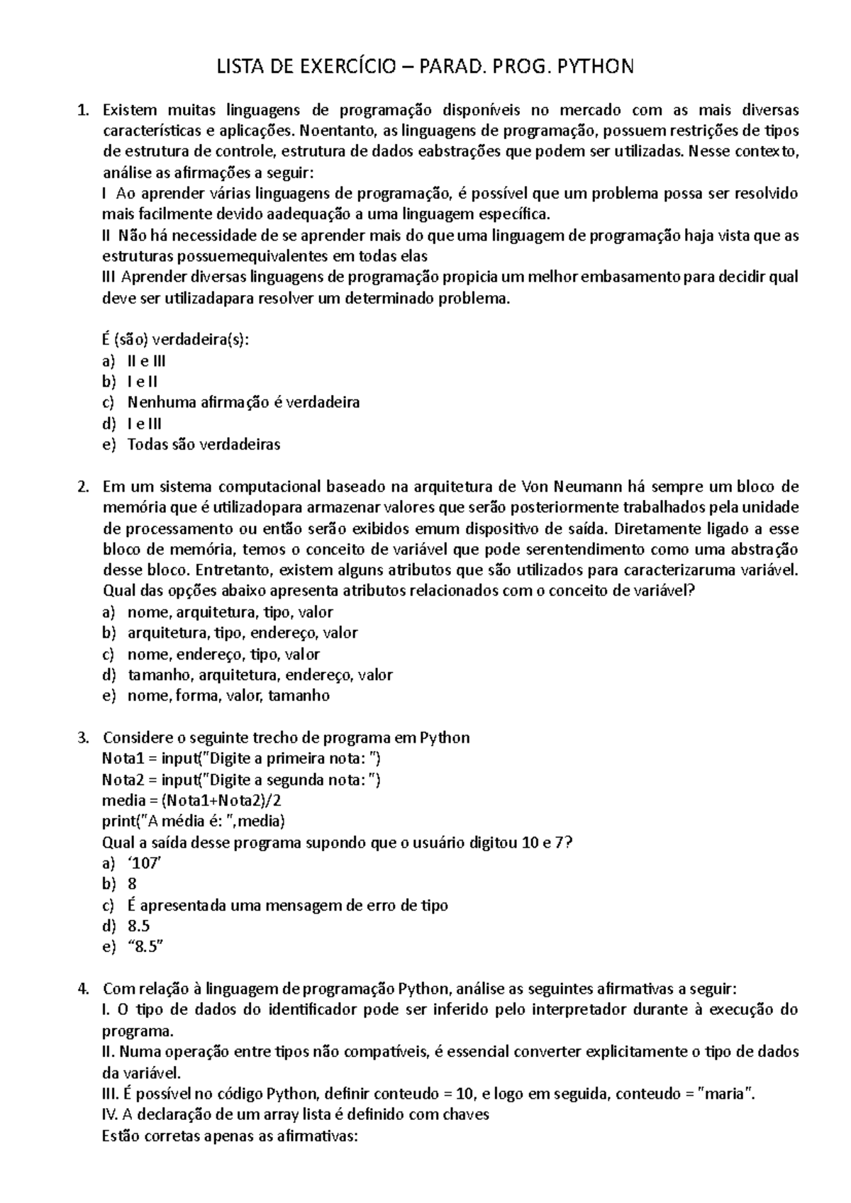 Exercícios de Python - Lista de Exercício Parad. Prog. PYTHON - Studocu